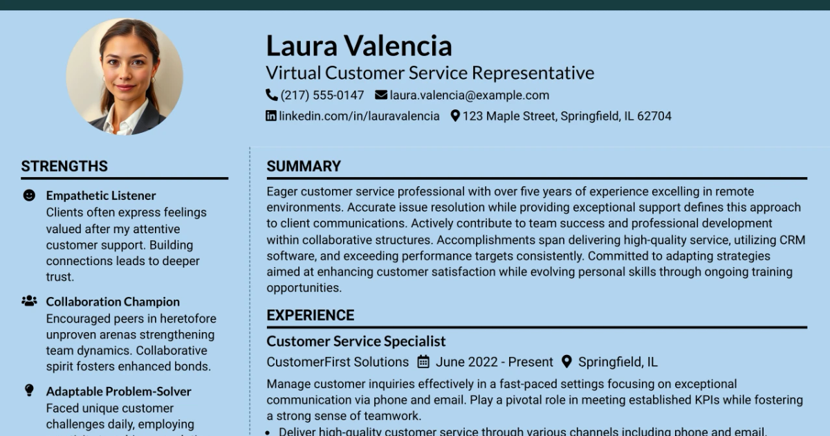 33 Virtual Customer Service Representative Resume Templates with Example 2026 (ATS-Optimized)