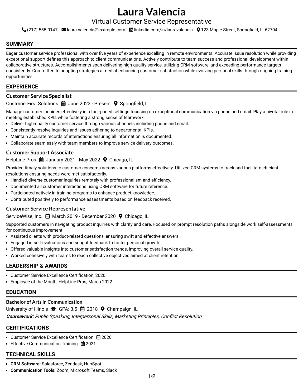 Resume Example Page 1