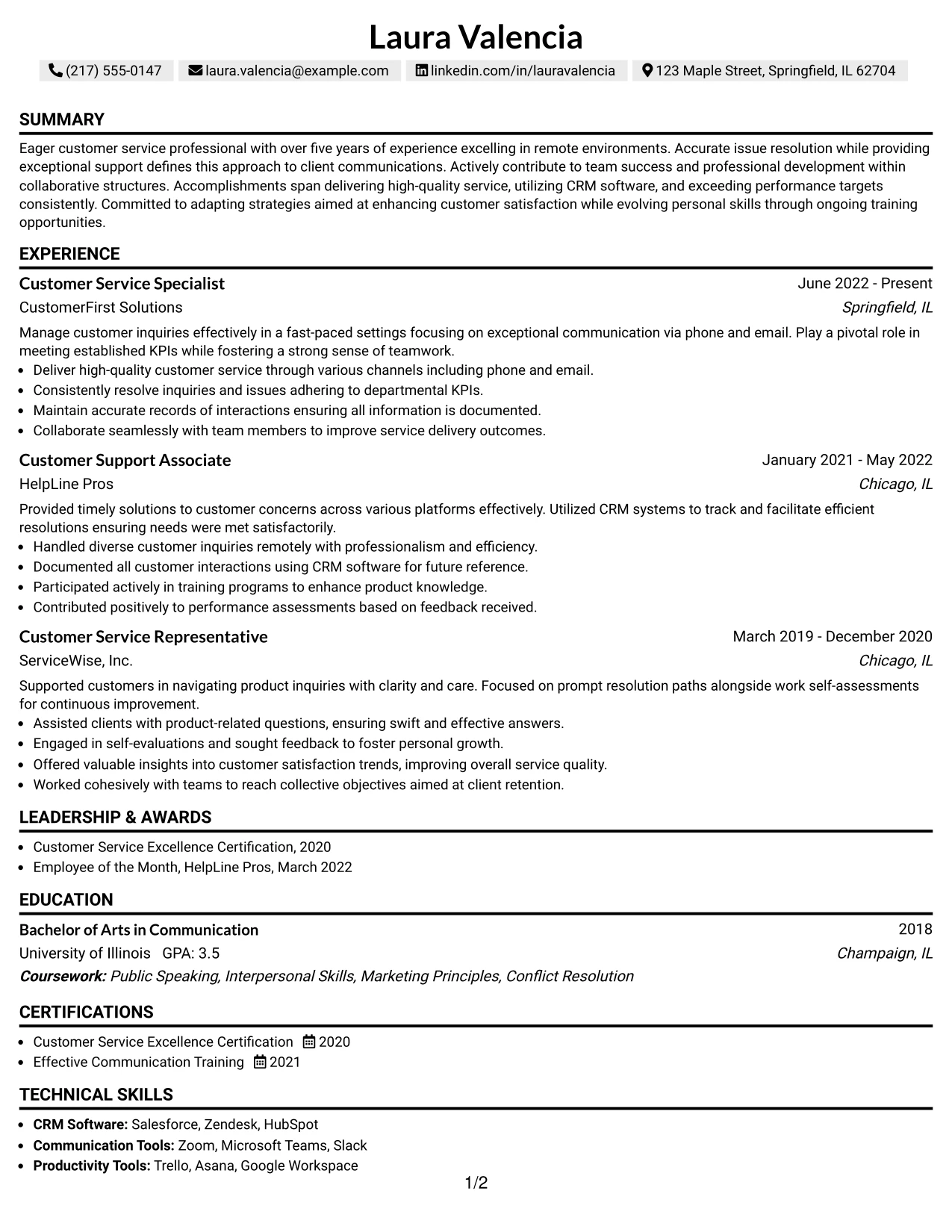 Resume Example Page 1