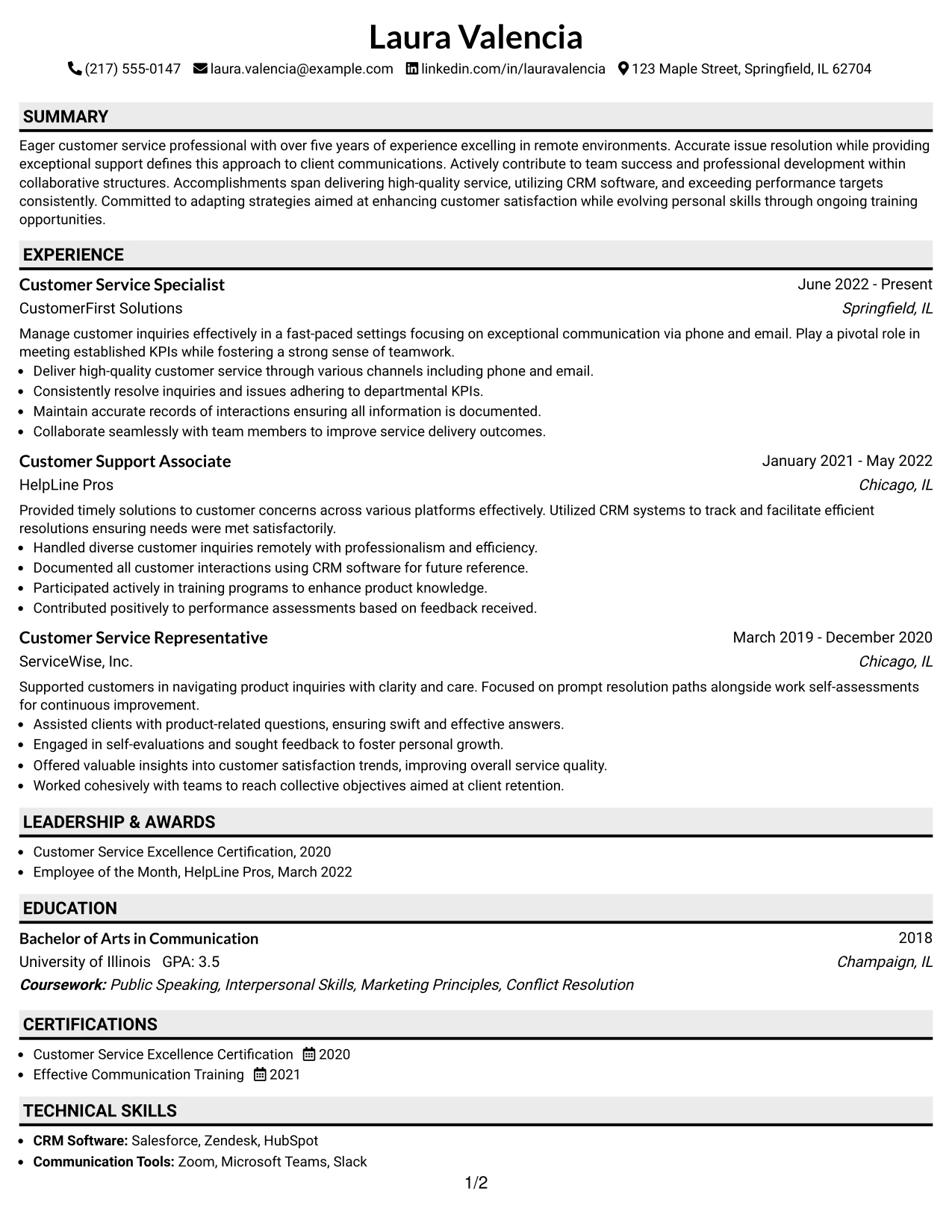Resume Example Page 1