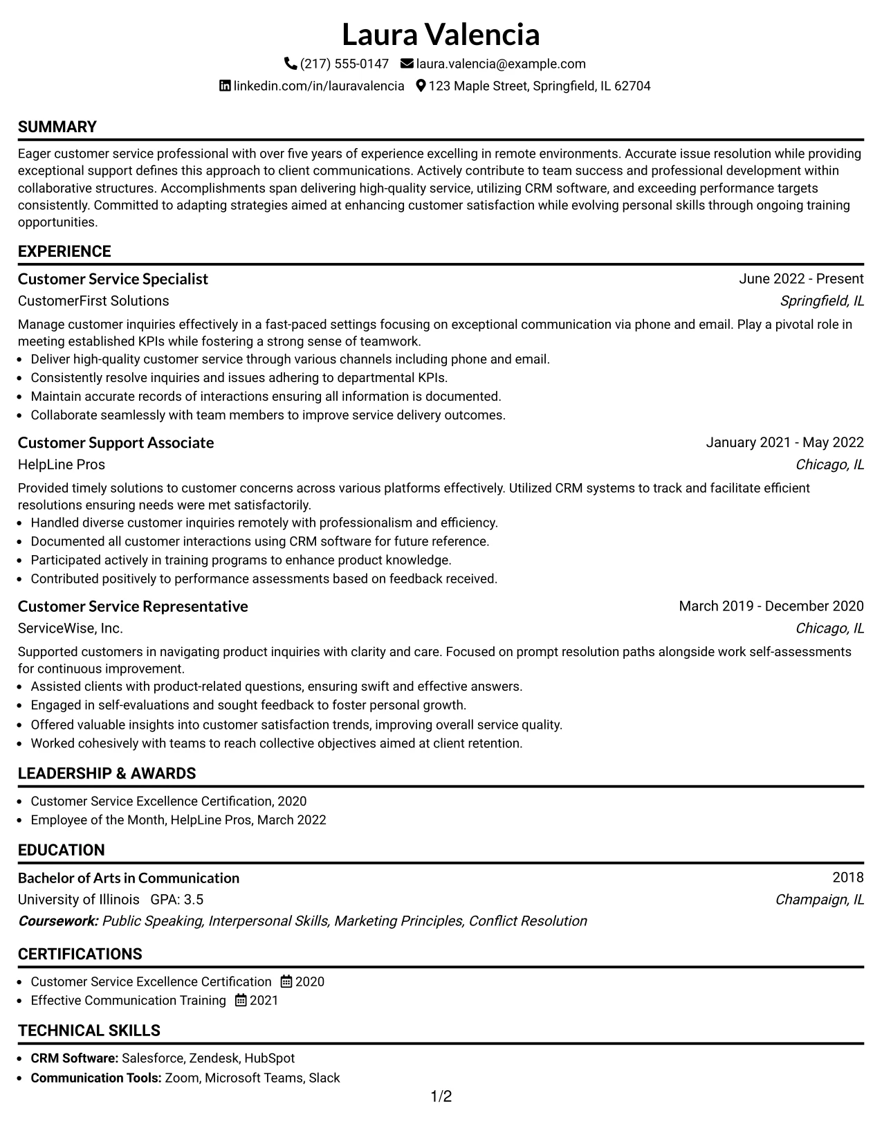 Resume Example Page 1
