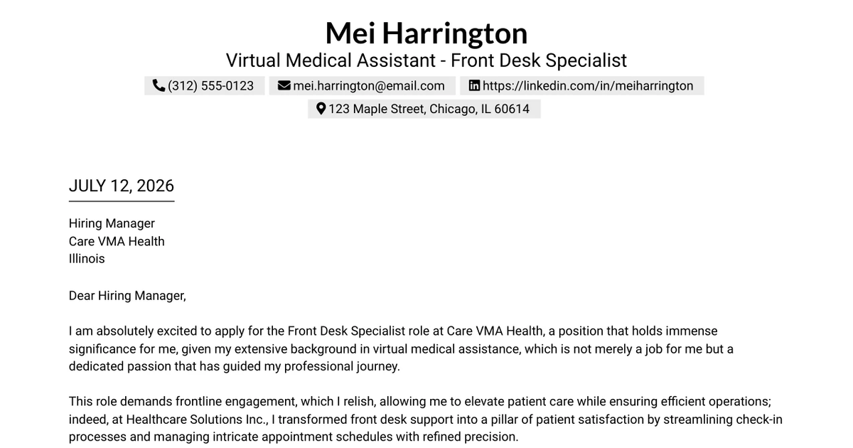 30+ Virtual Medical Assistant - Front Desk Specialist Cover Letter Templates with Example 2026