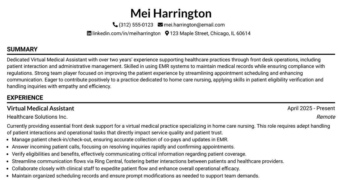 33 Virtual Medical Assistant - Front Desk Specialist Resume Templates with Example 2026 (ATS-Optimized)