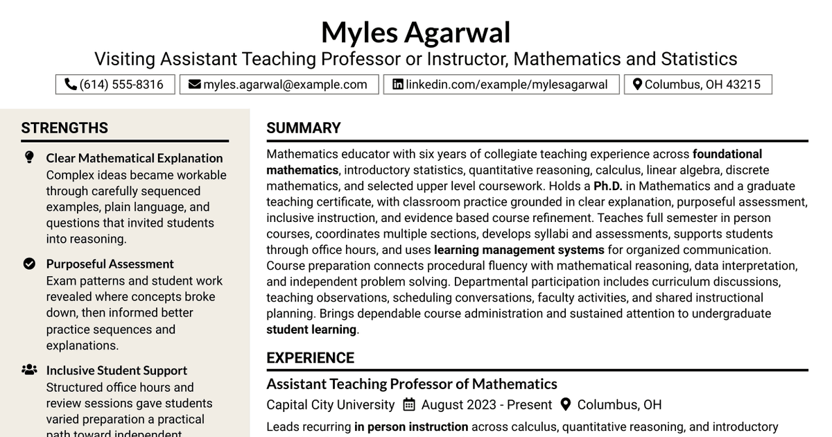 7 Visiting Assistant Teaching Professor or Instructor Resume Templates with Example