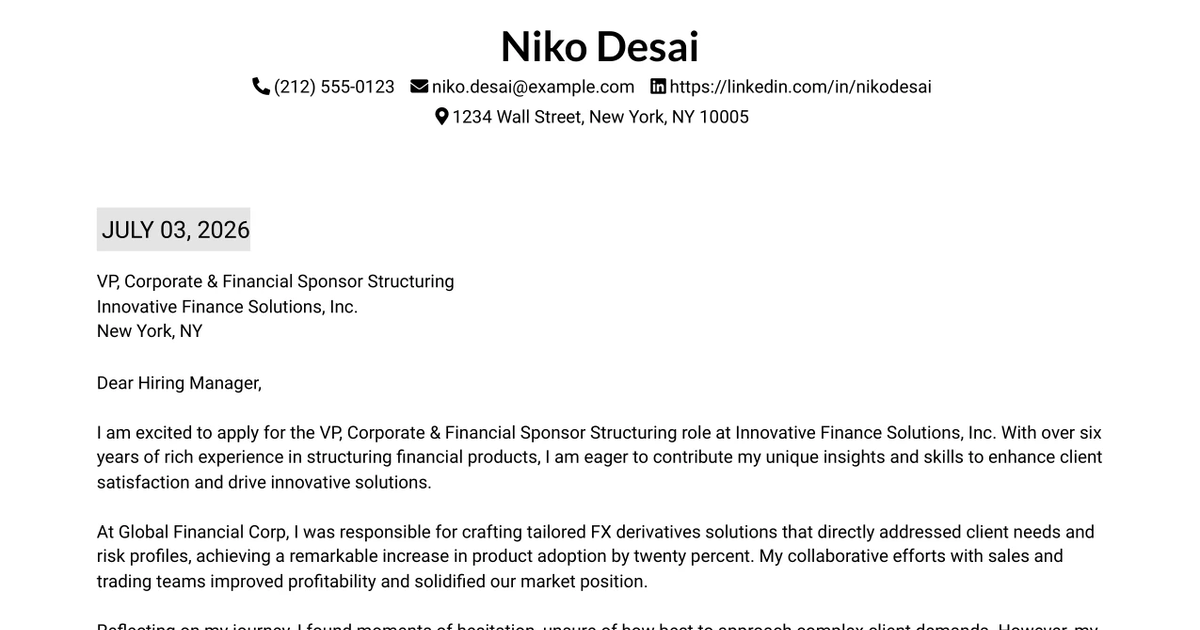 30+ VP, Corporate & Financial Sponsor Structuring Cover Letter Templates with Example 2026
