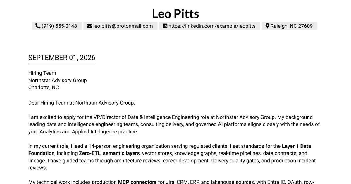 30+ VP/Director of Data & Intelligence Engineering Cover Letter Templates with Example 2026