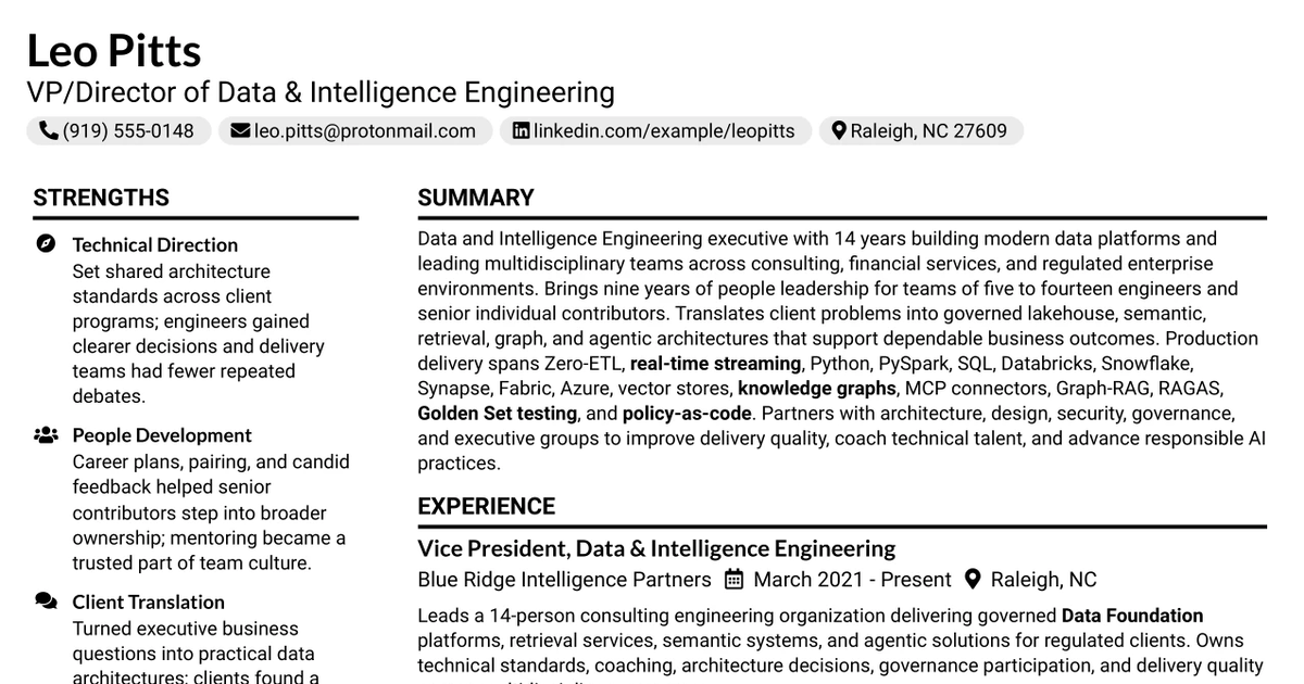 33 VP/Director of Data & Intelligence Engineering Resume Templates with Example 2026 (ATS-Optimized)