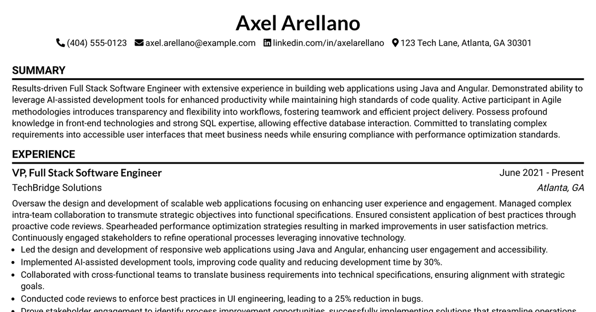 33 VP, Full Stack Software Engineer (Java & Angular) Resume Templates with Example 2026 (ATS-Optimized)