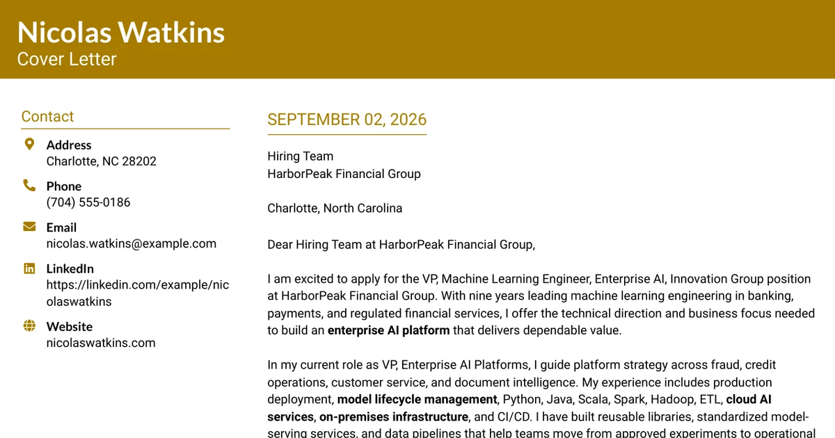 30+ VP, Machine Learning Engineer, Enterprise AI, Innovation Group Cover Letter Templates with Example 2026