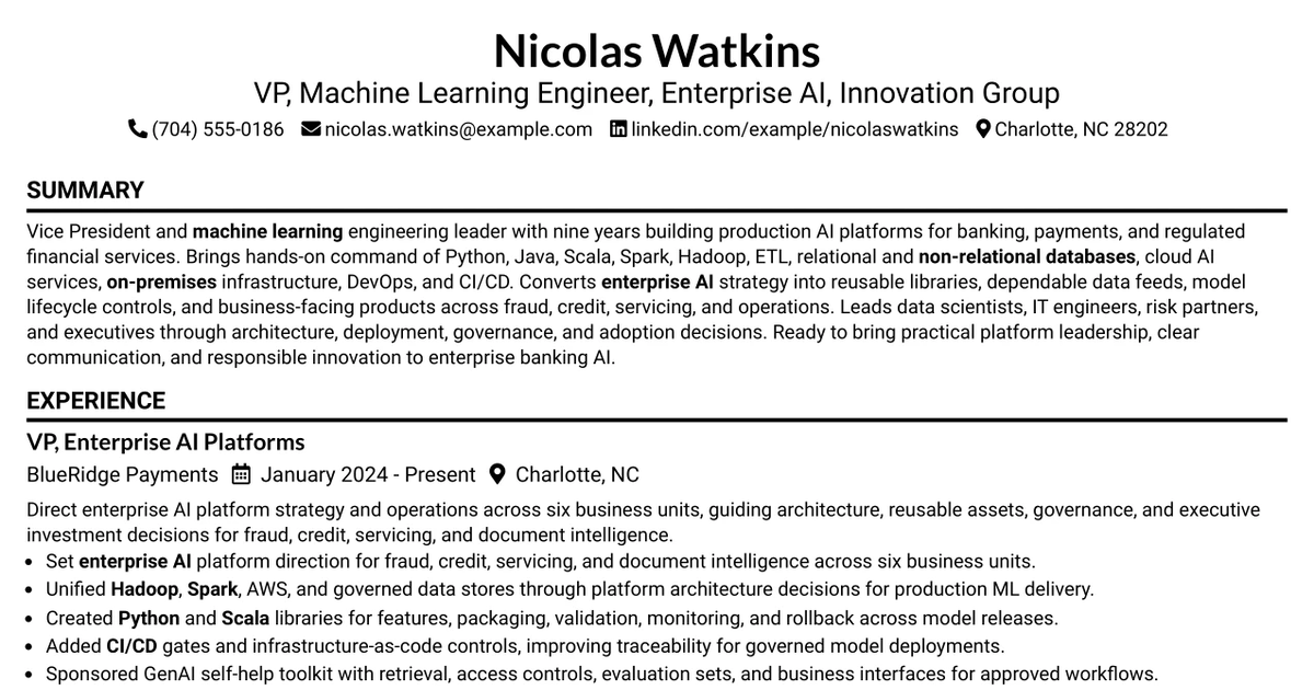 33 VP, Machine Learning Engineer, Enterprise AI, Innovation Group Resume Templates with Example 2026 (ATS-Optimized)