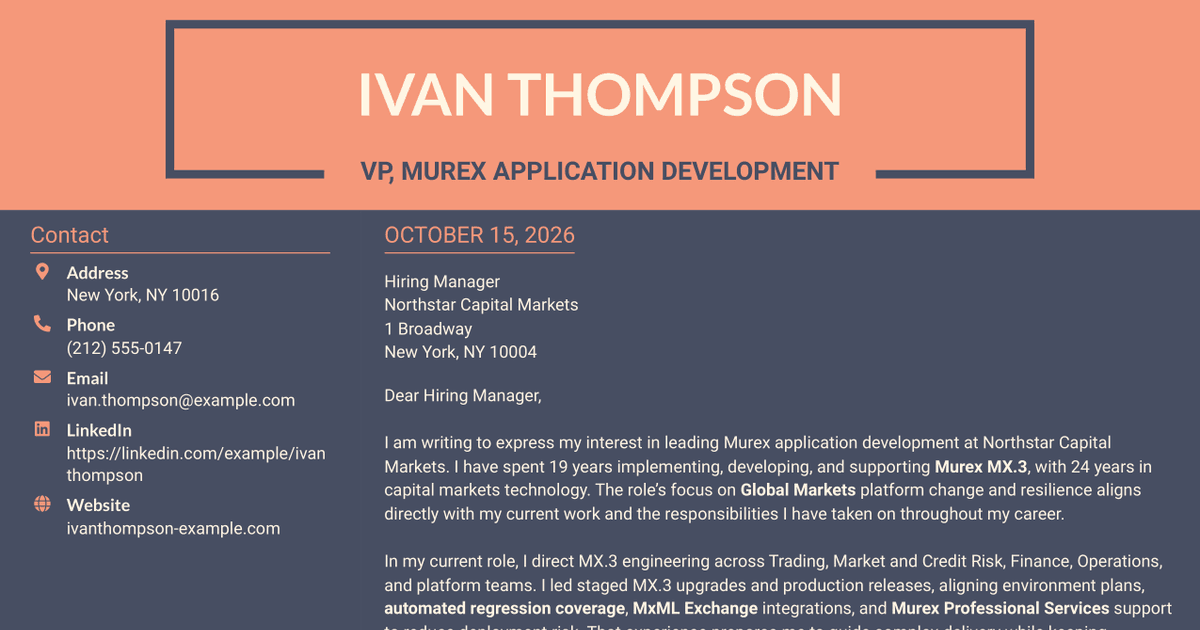 7 VP, Murex Application Development Cover Letter Templates with Example