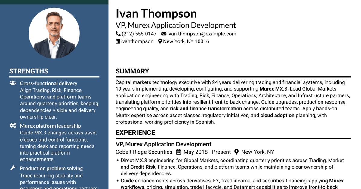 7 VP, Murex Application Development Resume Templates with Example
