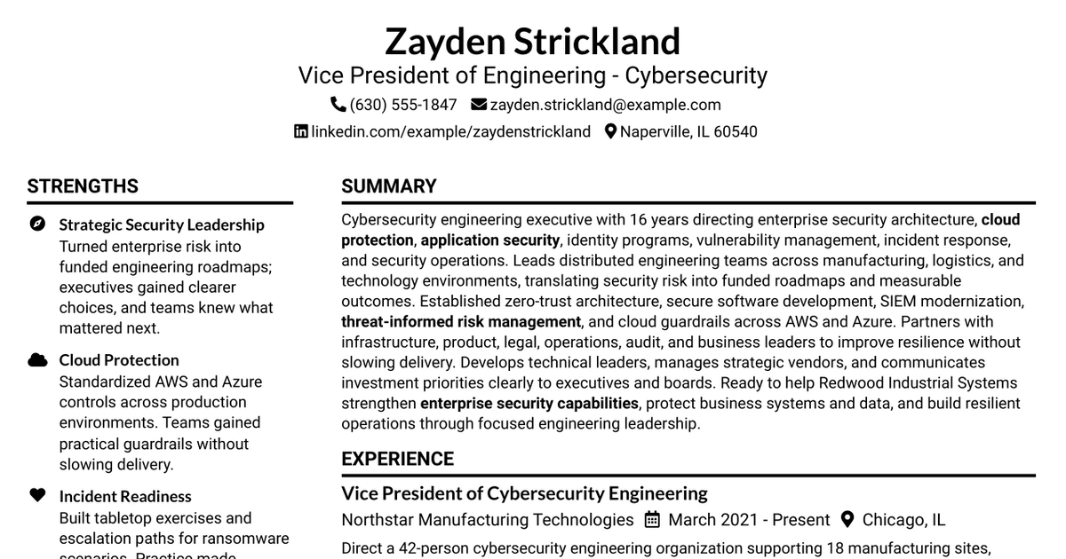 33 VP of Engineering - Cybersecurity Resume Templates with Example 2026 (ATS-Optimized)