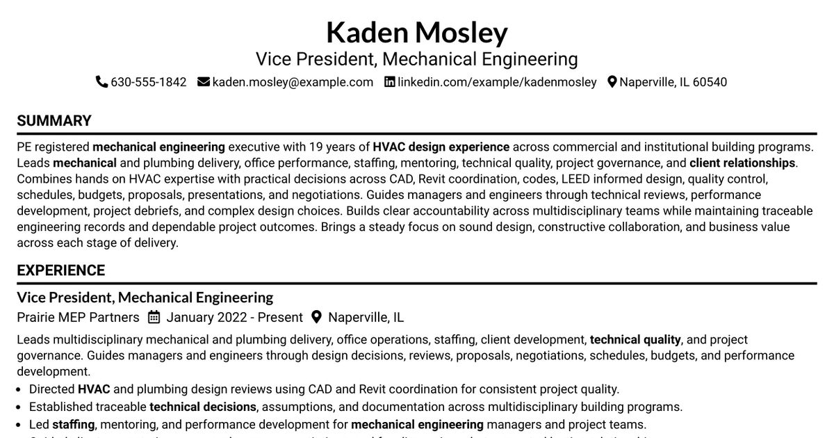 33 VP of Engineering - Mechanical Resume Templates with Example 2026 (ATS-Optimized)