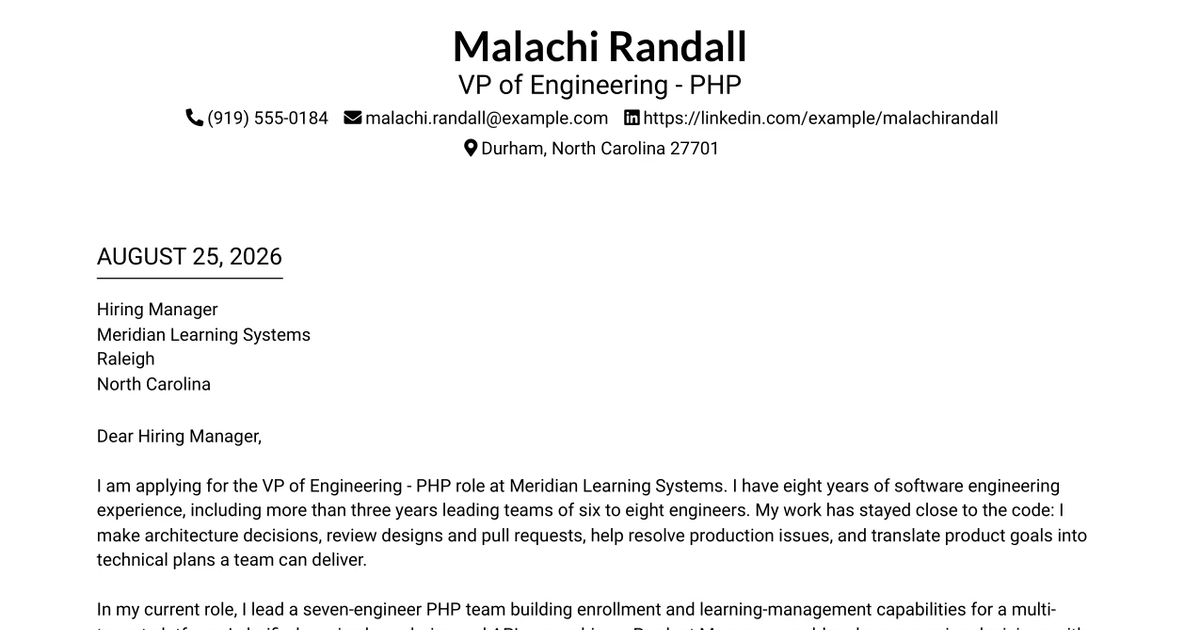 30+ VP of Engineering - PHP Cover Letter Templates with Example 2026