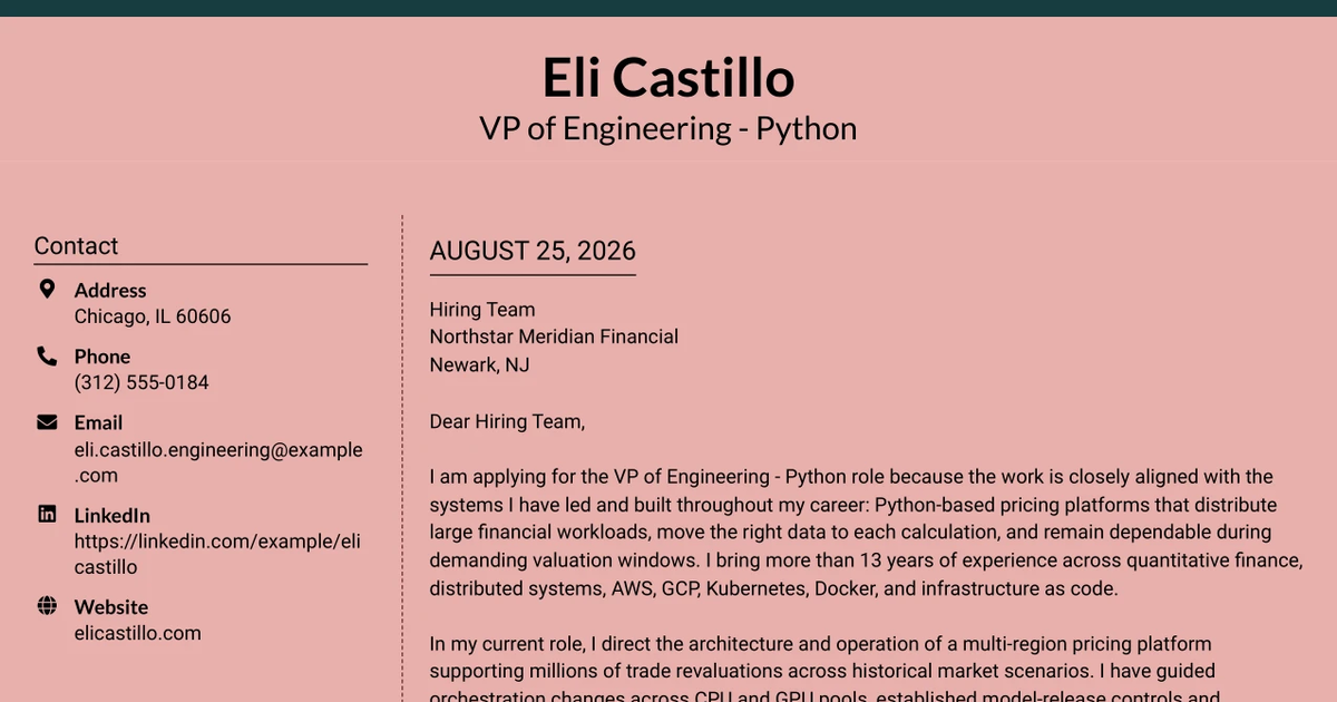 30+ VP of Engineering - Python Cover Letter Templates with Example 2026