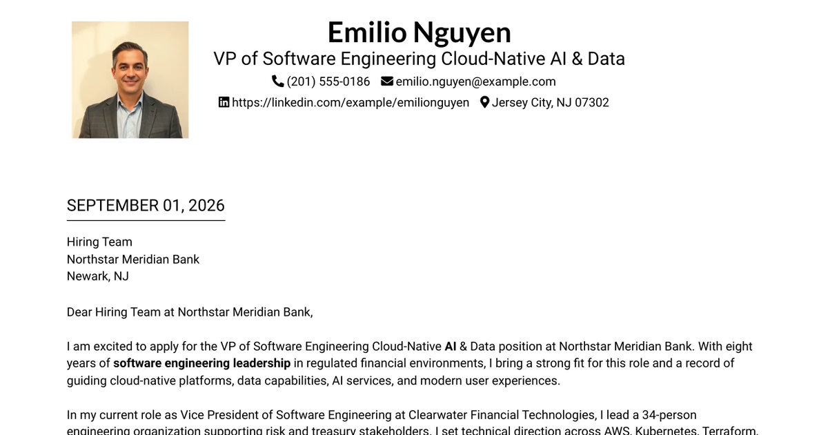 30+ VP of Software Engineering Cloud-Native AI & Data Cover Letter Templates with Example 2026