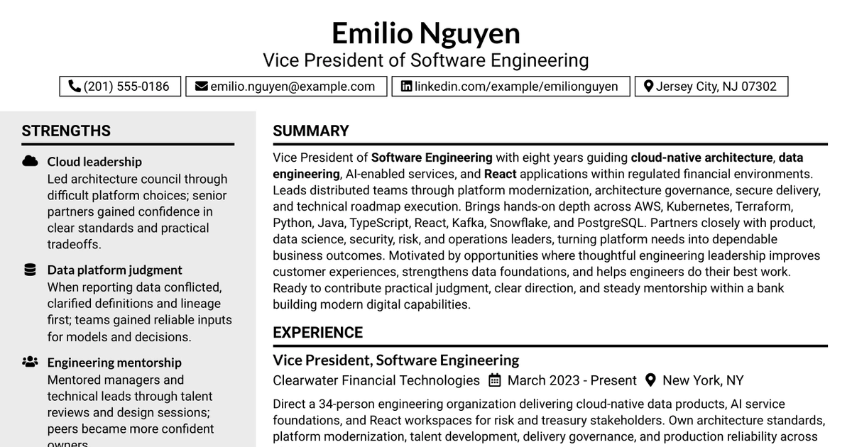 33 VP of Software Engineering Cloud-Native AI & Data Resume Templates with Example 2026 (ATS-Optimized)