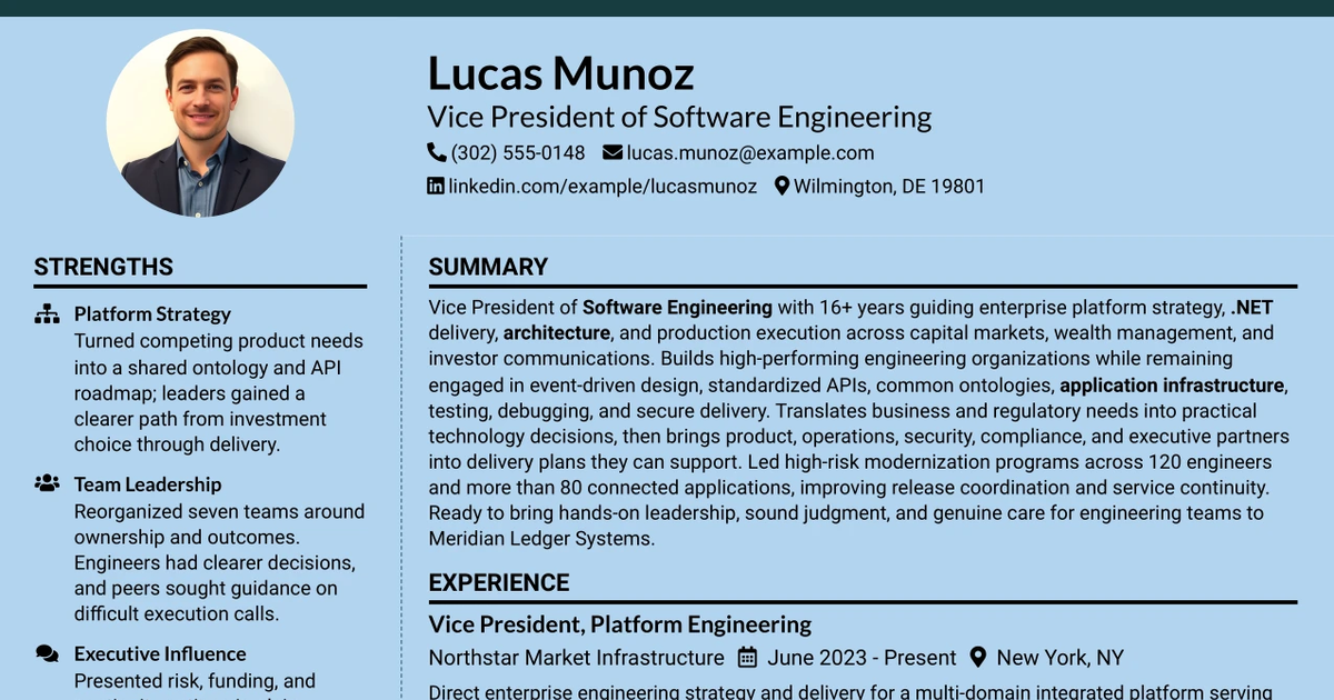 33 VP Software Engineering, .NET Resume Templates with Example 2026 (ATS-Optimized)