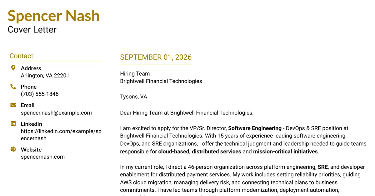 30+ VP/Sr. Director, Software Engineering - DevOps & SRE Cover Letter Templates with Example 2026