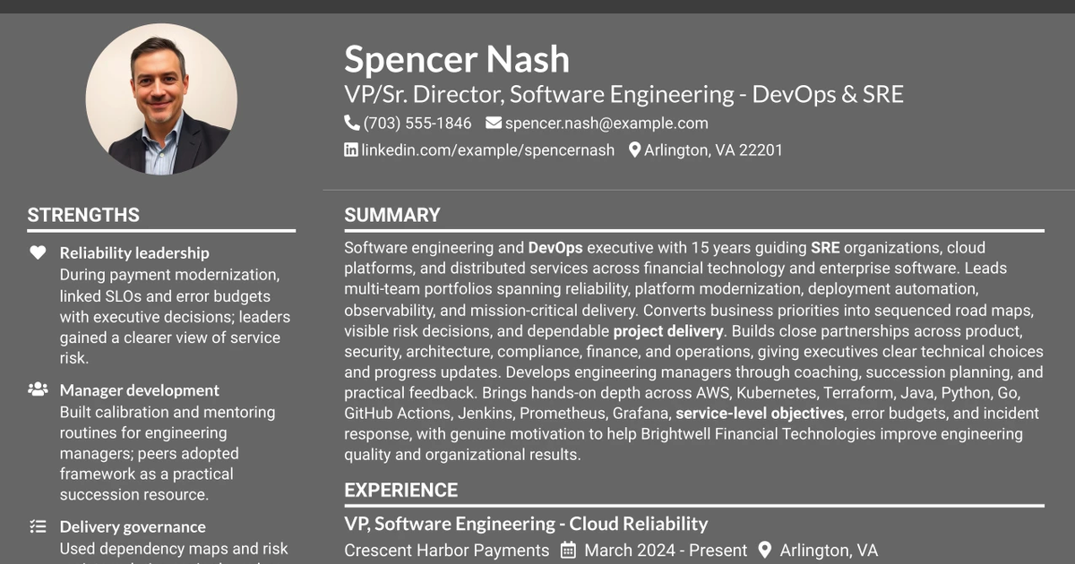 33 VP/Sr. Director, Software Engineering - DevOps & SRE Resume Templates with Example 2026 (ATS-Optimized)