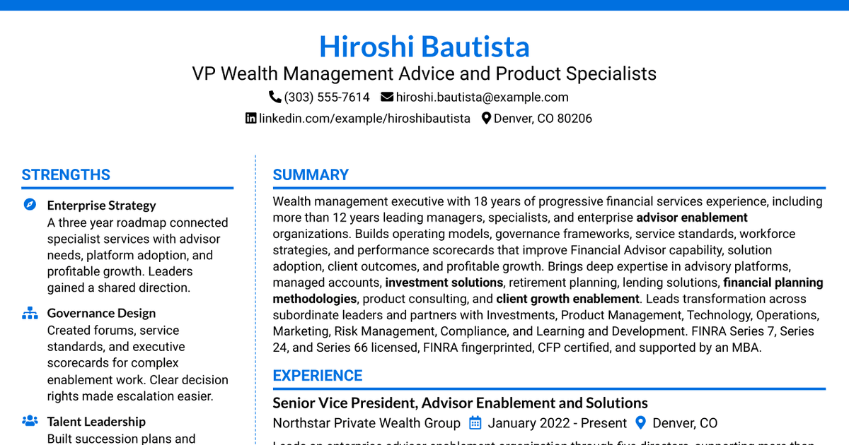 7 VP Wealth Management Advice & Product Specialists Resume Templates with Example
