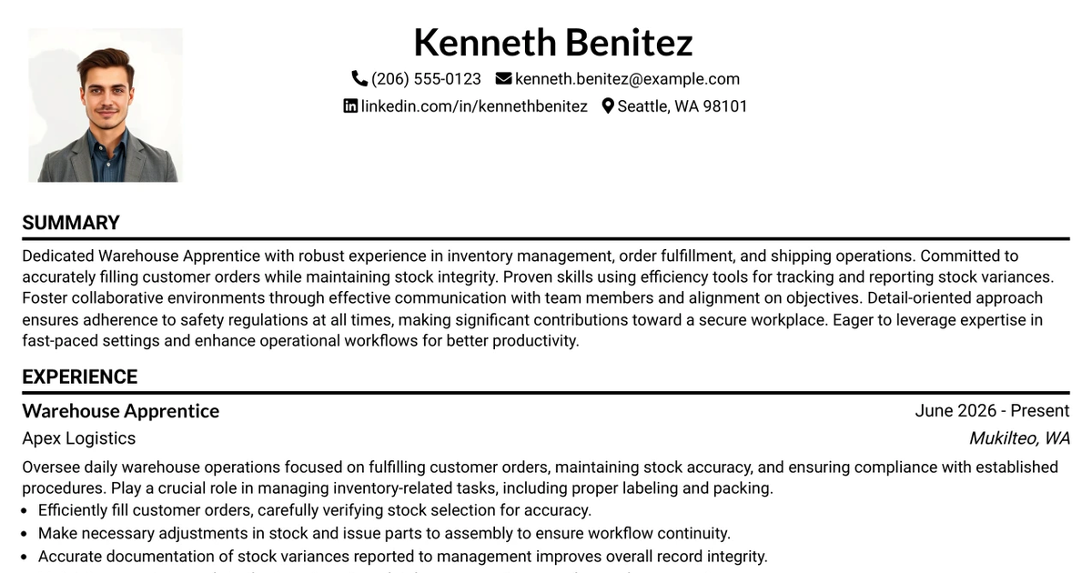 33 Warehouse Apprentice Resume Templates with Example 2026 (ATS-Optimized)