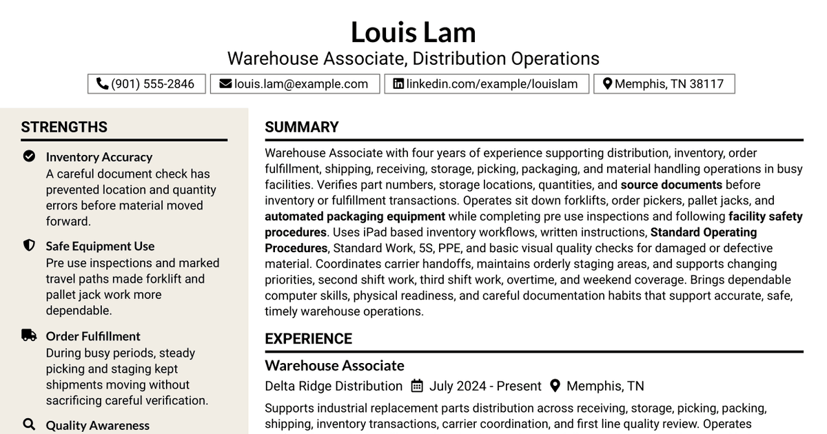 7 Warehouse Associate - Distribution Operations Resume Templates with Example