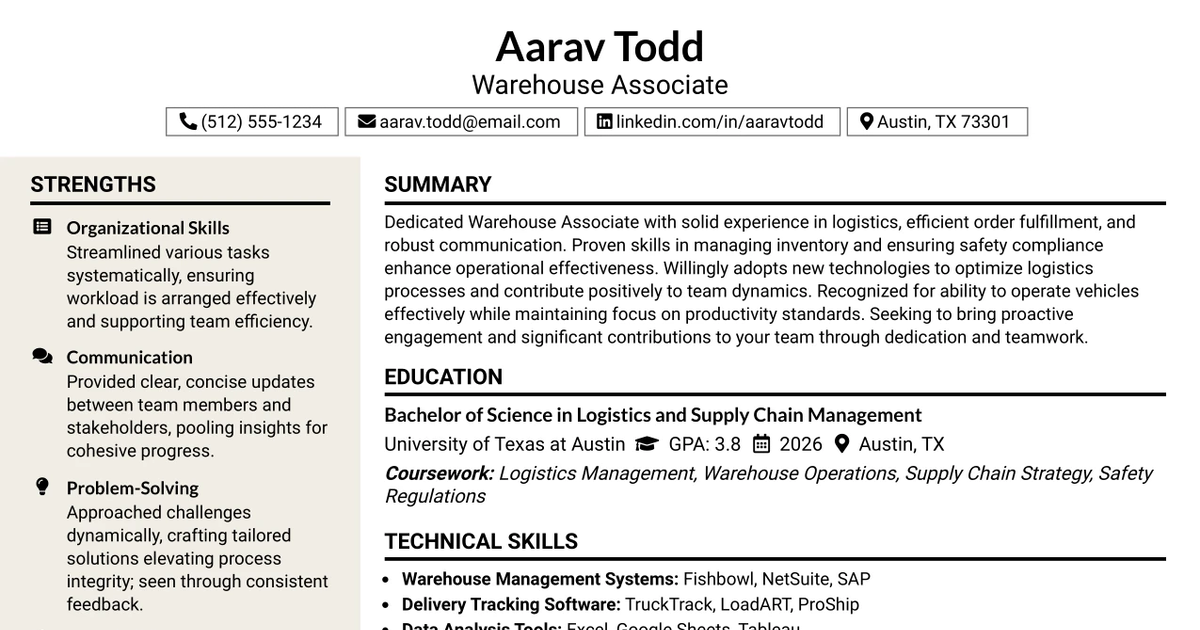 33 Warehouse Associate/Driver Resume Templates with Example 2026 (ATS-Optimized)