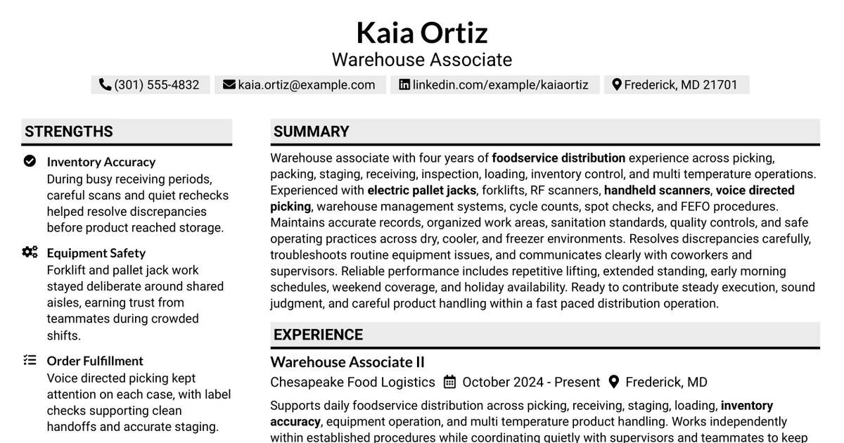 33 Warehouse Associate - Foodservice Distribution Resume Templates with Example 2026 (ATS-Optimized)