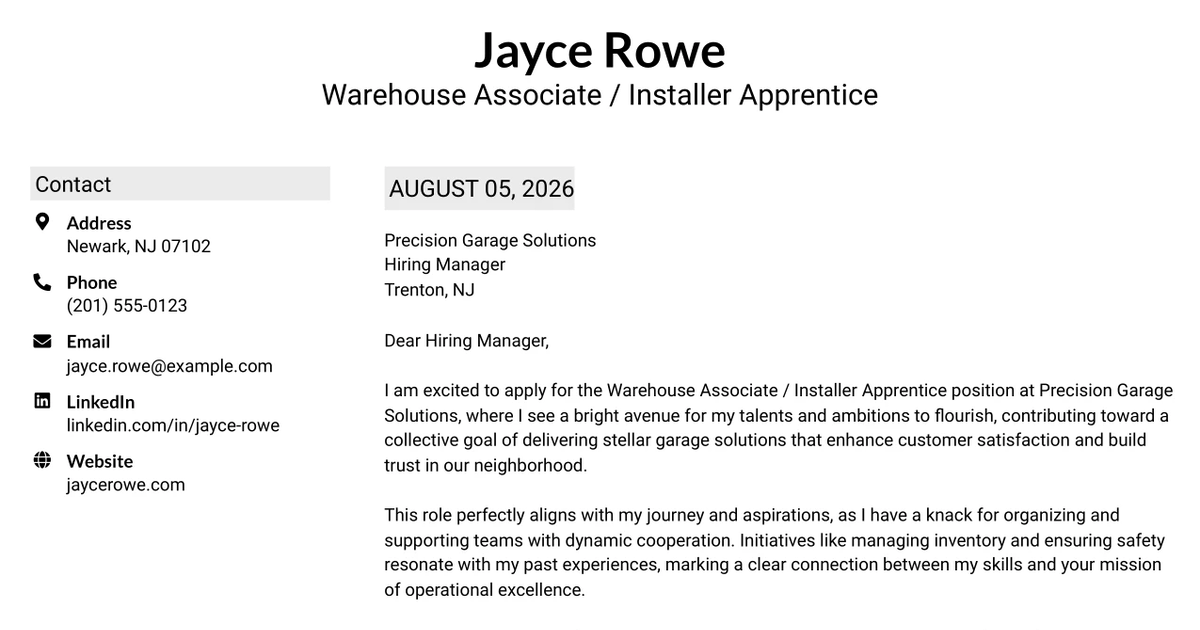 30+ Warehouse Associate / Installer Apprentice Cover Letter Templates with Example 2026