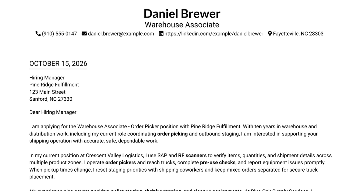 7 Warehouse Associate - Order Picker Cover Letter Templates with Example