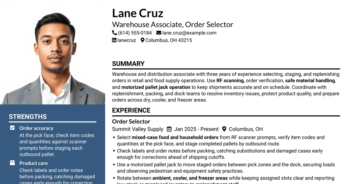 7 Warehouse Associate - Order Selector Resume Templates with Example