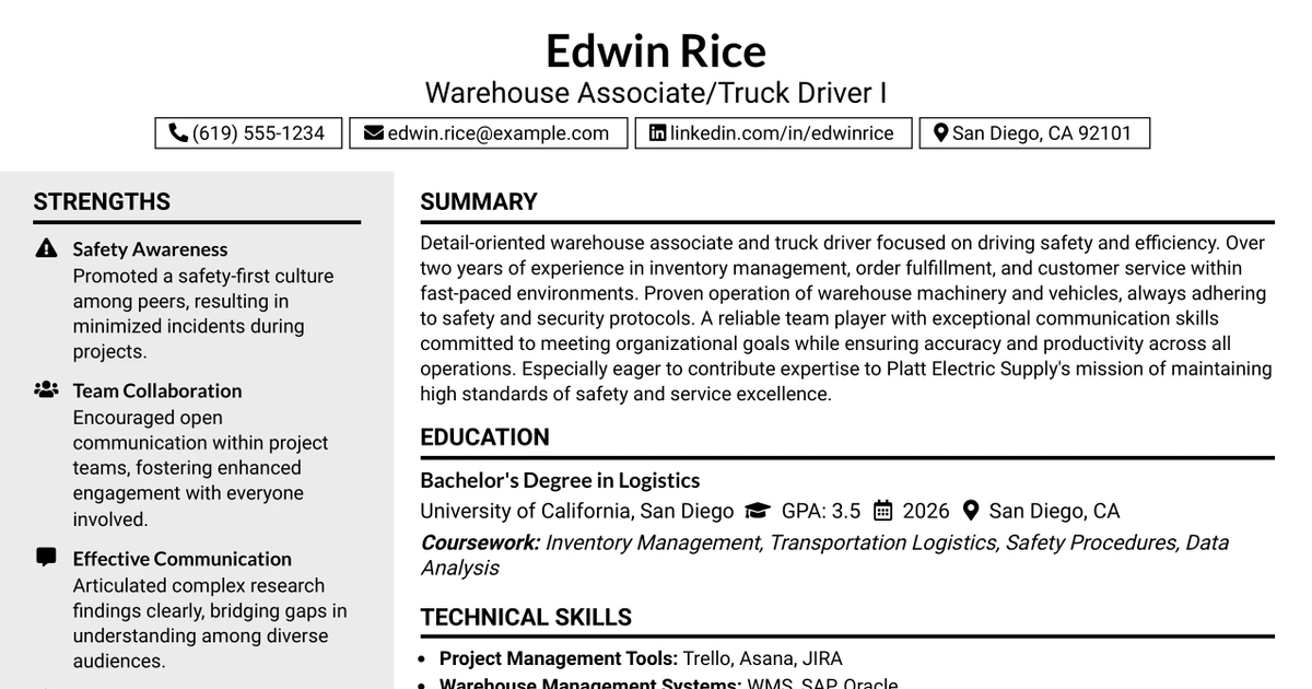 33 Warehouse Associate/Truck Driver I Resume Templates with Example 2026 (ATS-Optimized)