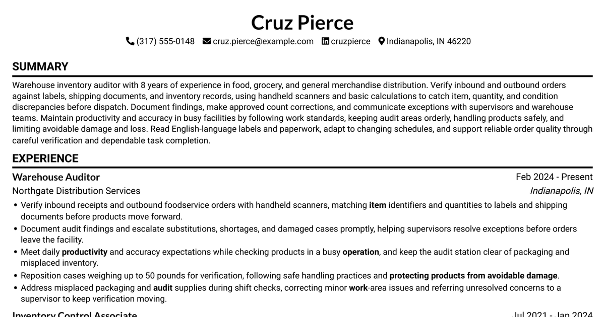 7 Warehouse Auditor - Inventory Accuracy Resume Templates with Example