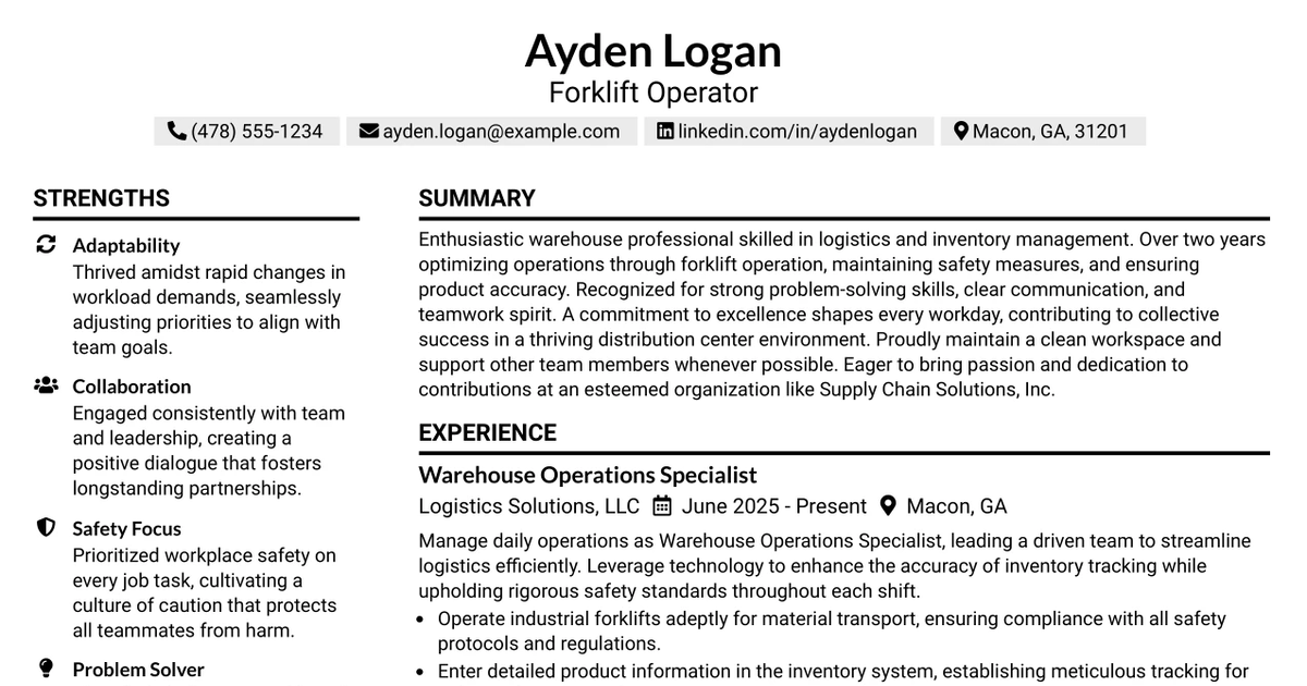 33 Warehouse Forklift Operator Resume Templates with Example 2026 (ATS-Optimized)