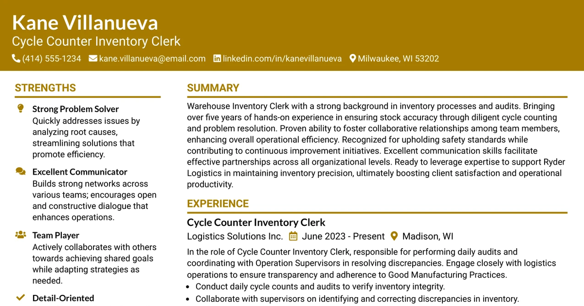 33 Warehouse Inventory Clerk Resume Templates with Example 2026 (ATS-Optimized)