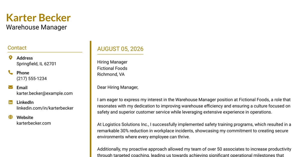 30+ Warehouse Manager Cover Letter Templates with Example 2026