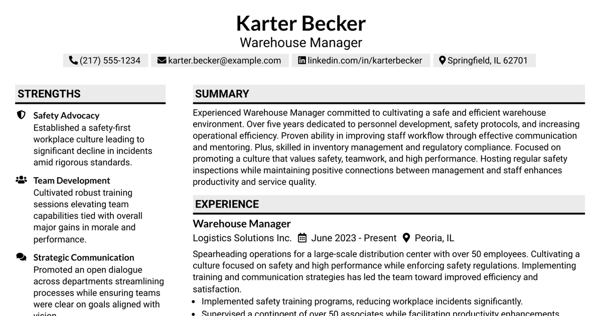 33 Warehouse Manager Resume Templates with Example 2026 (ATS-Optimized)