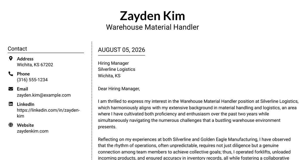 30+ Warehouse Material Handler Cover Letter Templates with Example 2026