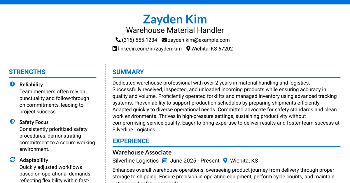 33 Warehouse Material Handler Resume Templates with Example 2026 (ATS-Optimized)