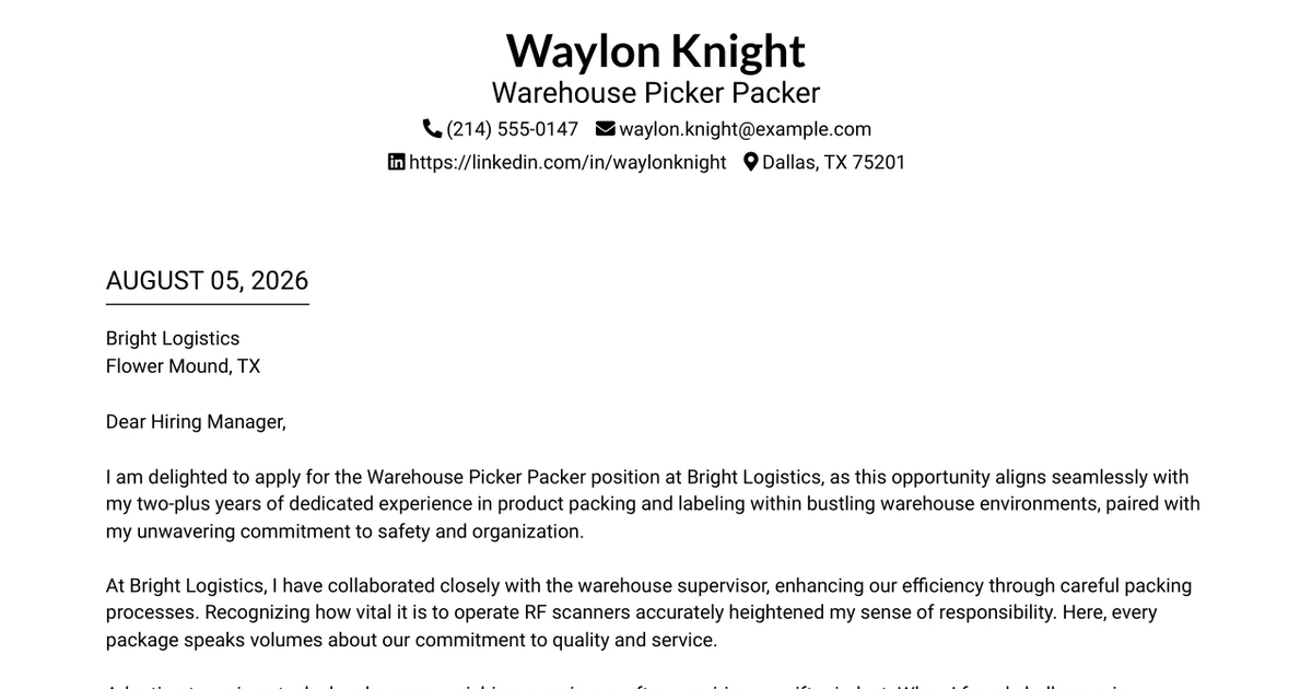 30+ Warehouse Picker Packer Cover Letter Templates with Example 2026
