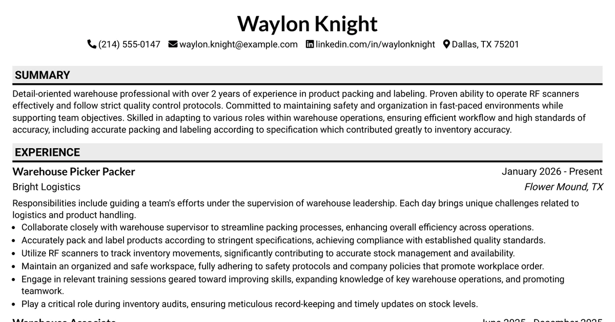 33 Warehouse Picker Packer Resume Templates with Example 2026 (ATS-Optimized)