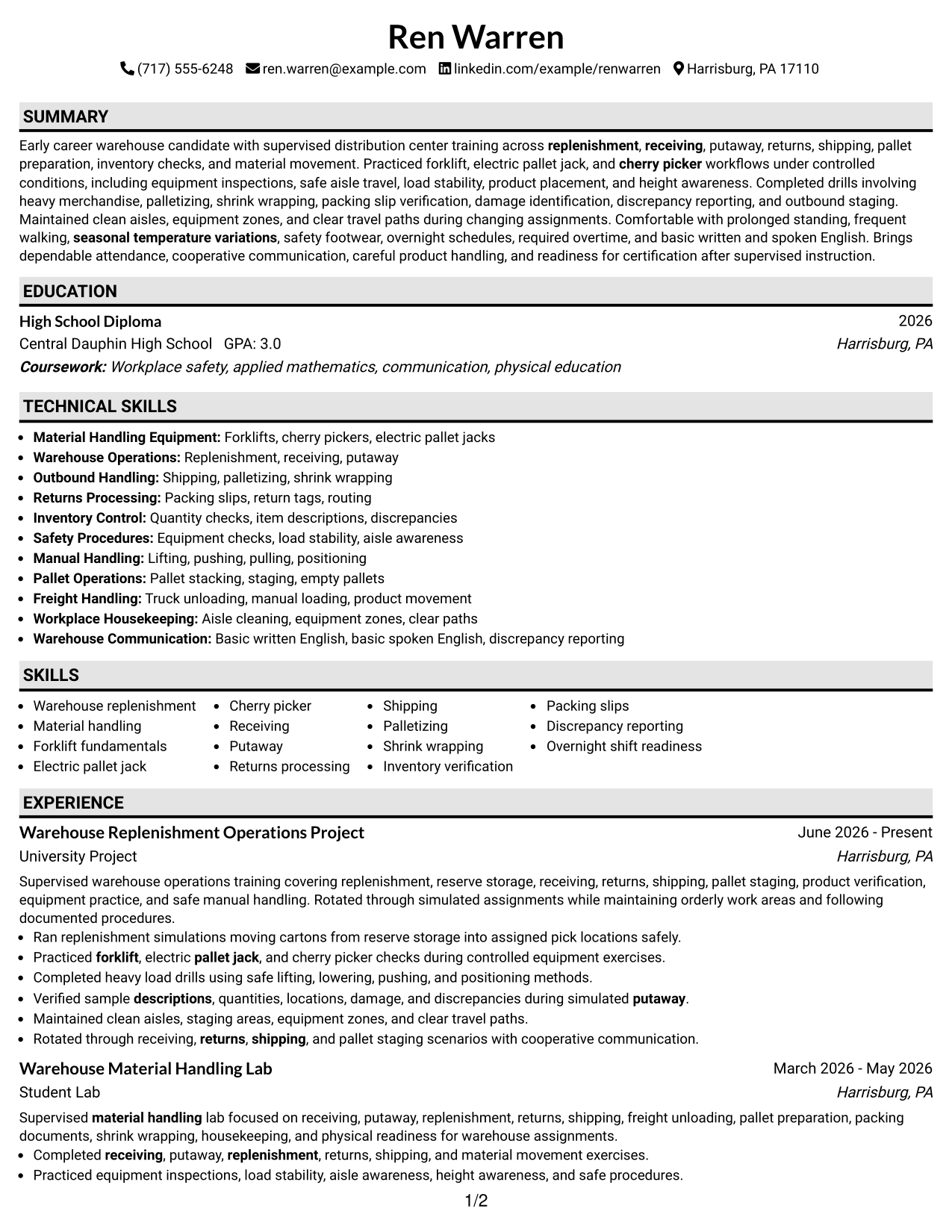 Resume Example Page 1