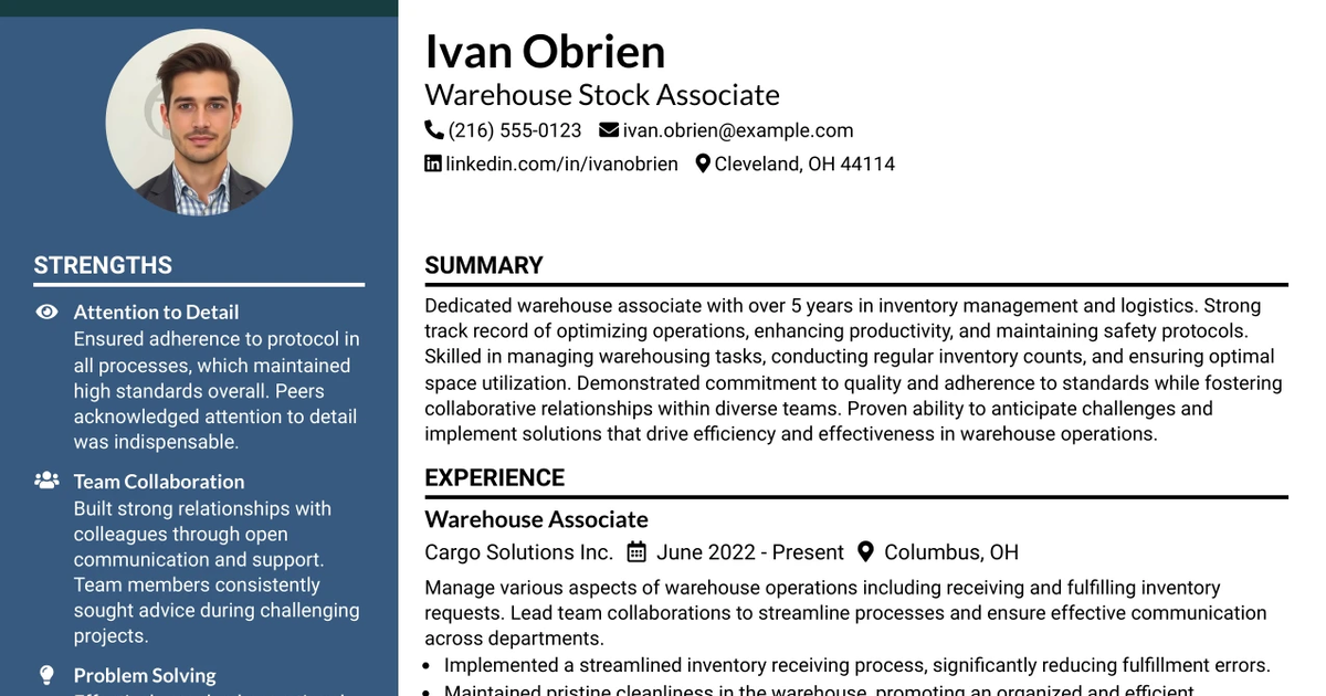 33 Warehouse Stock Associate Resume Templates with Example 2026 (ATS-Optimized)