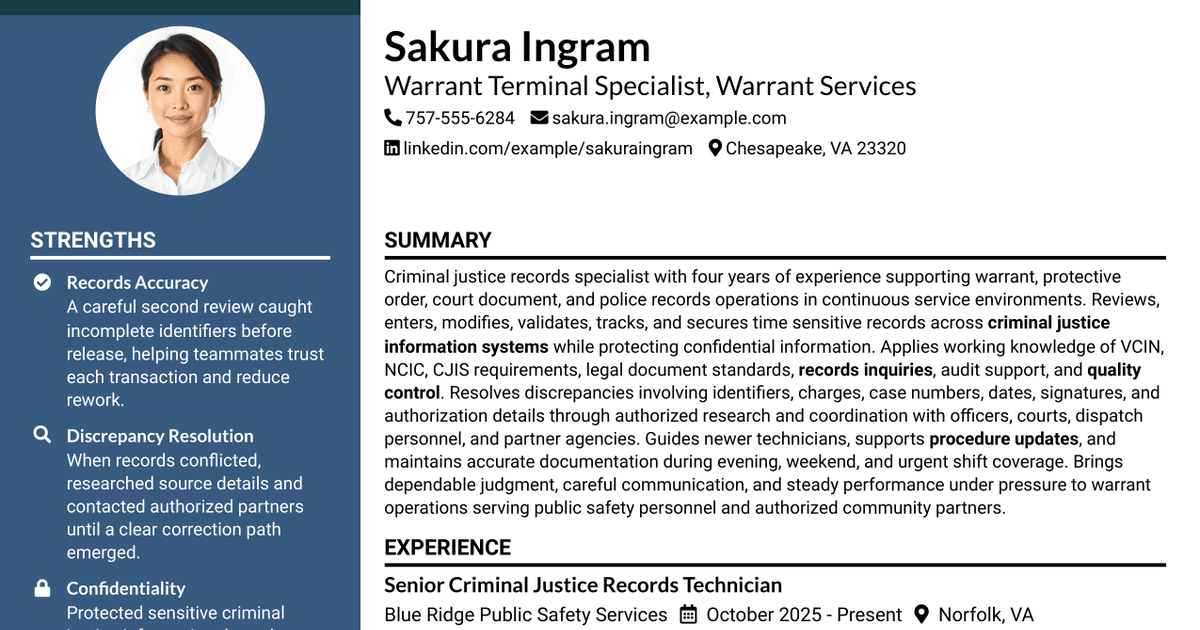 7 Warrant Terminal Specialist - Warrant Services Resume Templates with Example