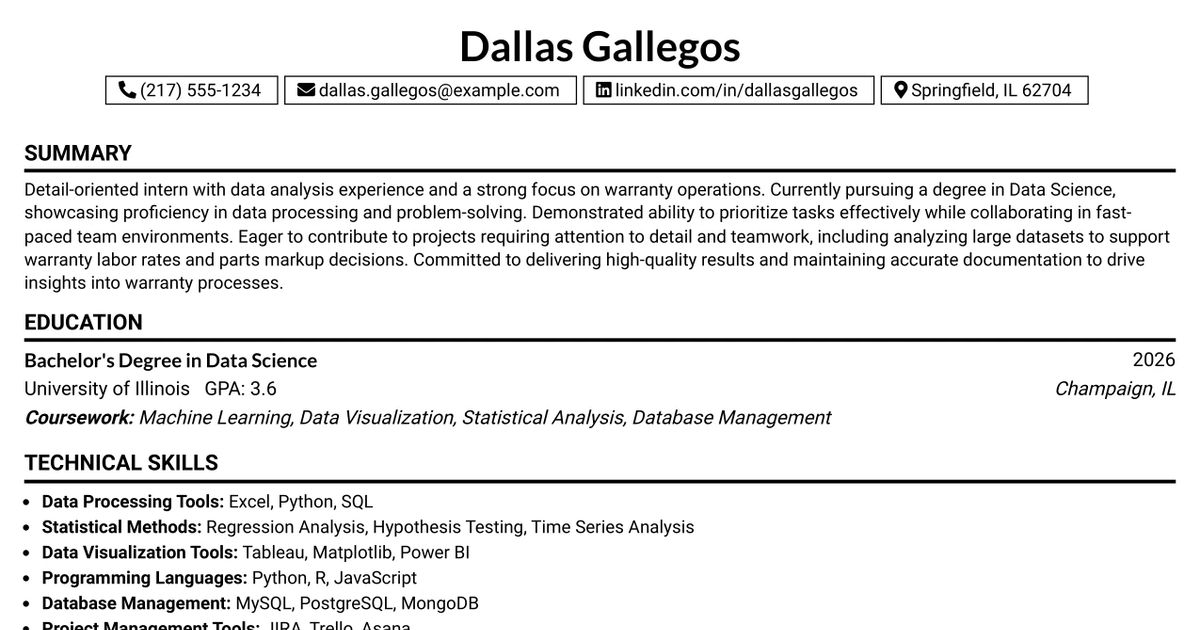 33 Warranty Data Analyst Intern Resume Templates with Example 2026 (ATS-Optimized)