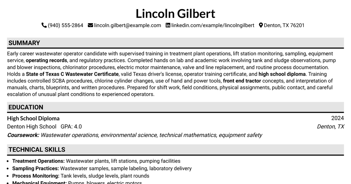 7 Wastewater Plant Operator I Resume Templates with Example