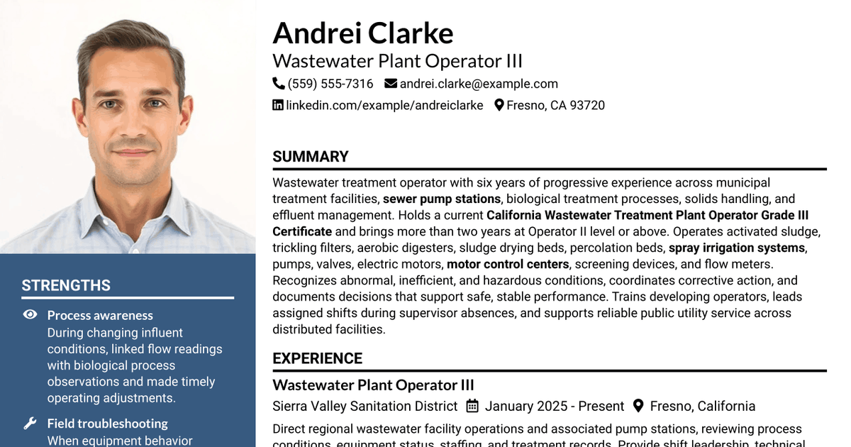 7 Wastewater Plant Operator III Resume Templates with Example