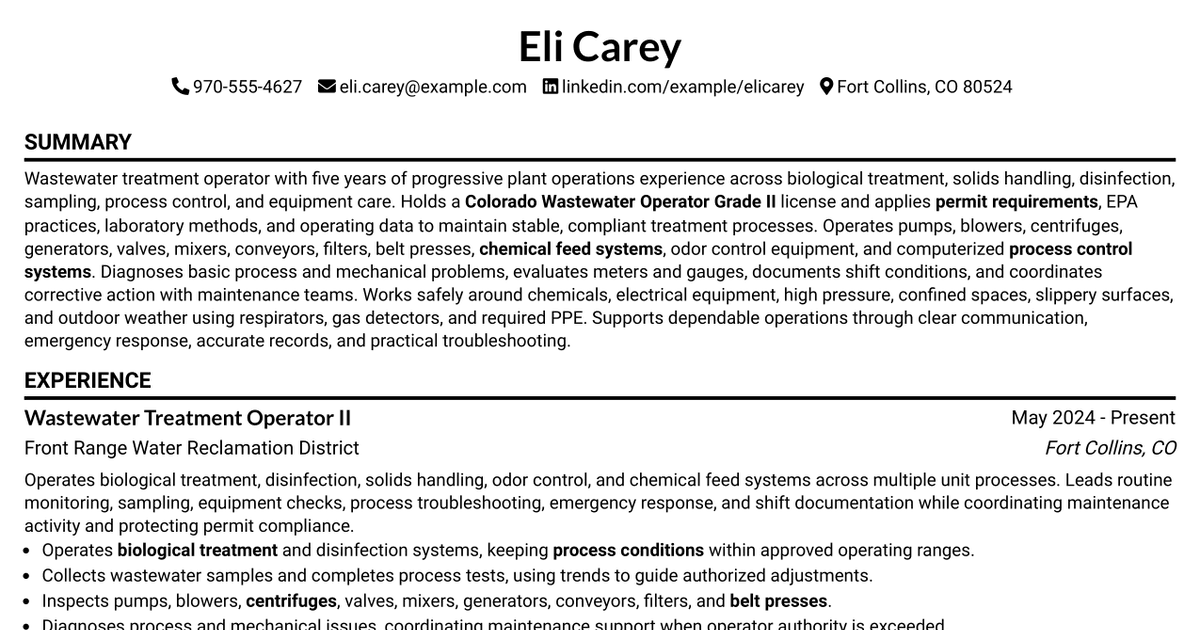 7 Wastewater Treatment Plant Operator Resume Templates with Example